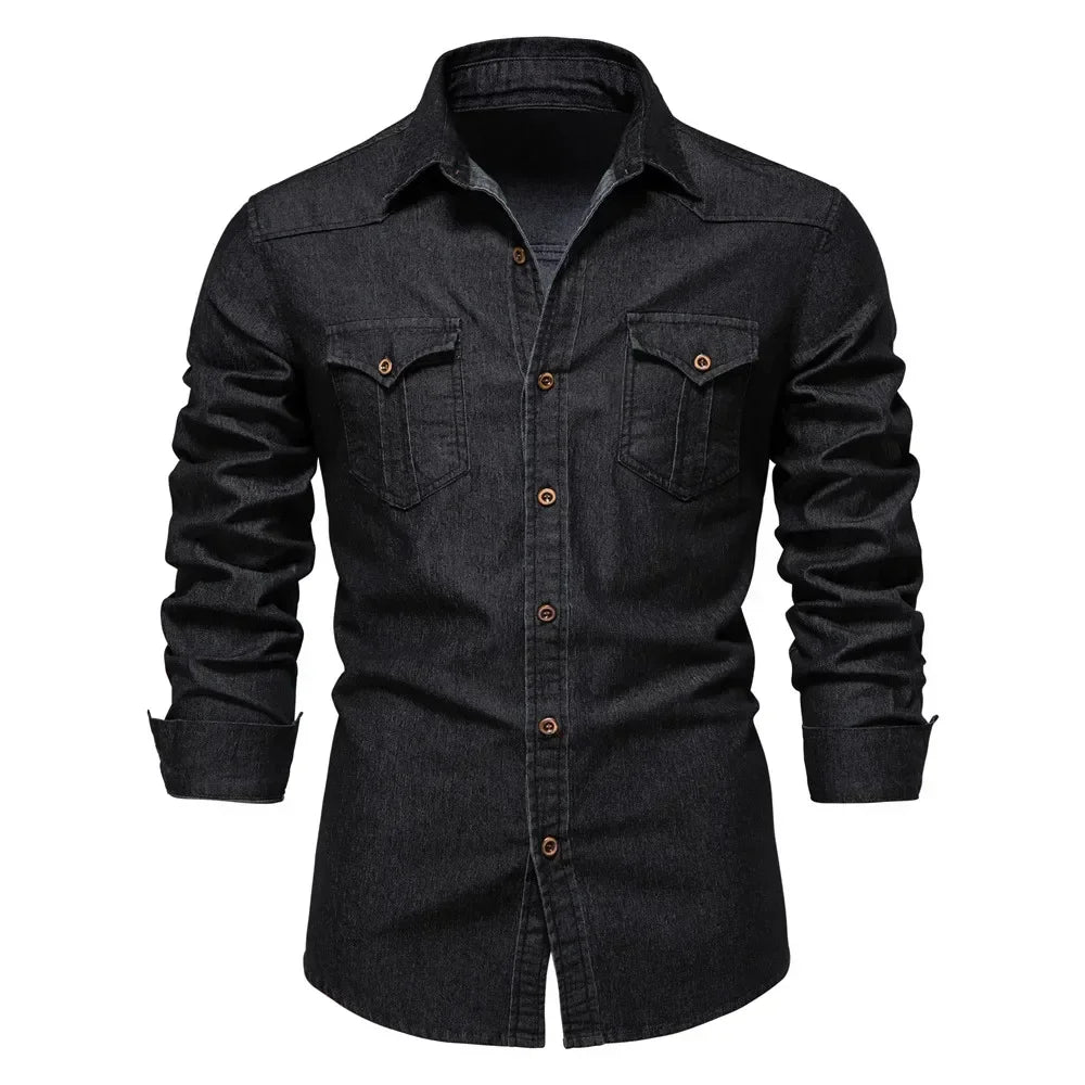 Chemise en jean pour homme - Couleur unie, col rabattu classique, manches longues, style décontracté au quotidien, coupe régulière, design simple en coton