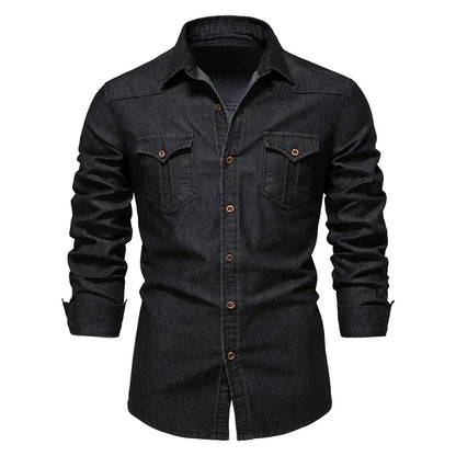 Men's Denim Shirt - Solid Color, Classic Turn-Down Collar, Long Sleeves, Everyday Casual Style, Regular Fit, Simple Cotton Design