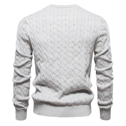 Embroidered Cotton Sweater, Crew Neck, with Classic Cable Knit Design