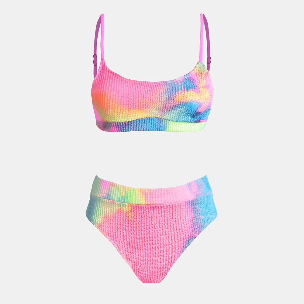 High-Waist Tie-Dye Bikini Set – Textured Two-Piece Swimsuit for a Bold Beach Style