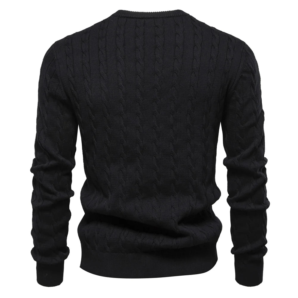 Embroidered Cotton Sweater, Crew Neck, with Classic Cable Knit Design