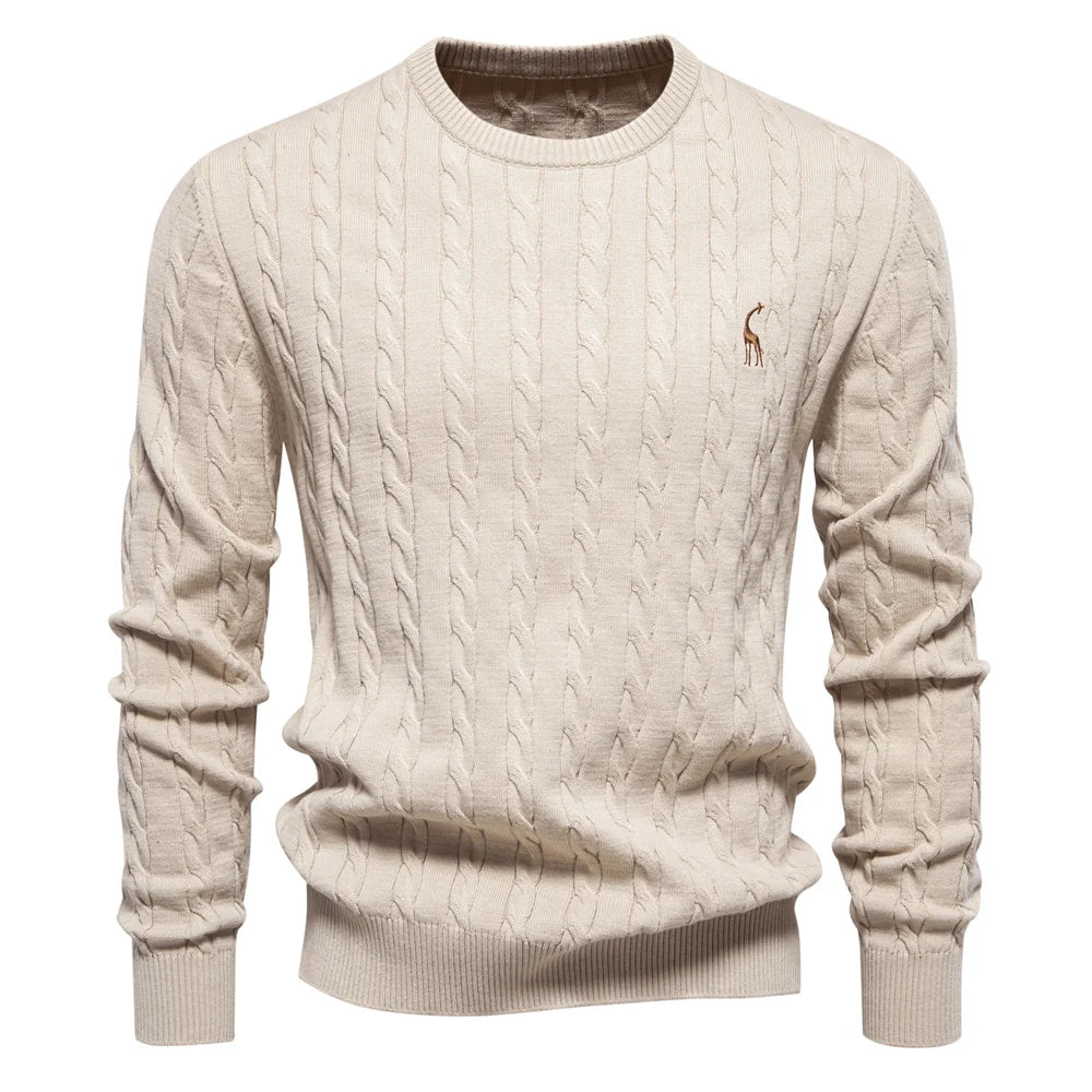 Embroidered Cotton Sweater, Crew Neck, with Classic Cable Knit Design