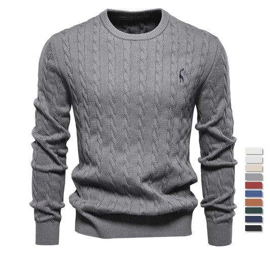 Pull en coton brodé, col ras du cou, avec motif torsadé classique