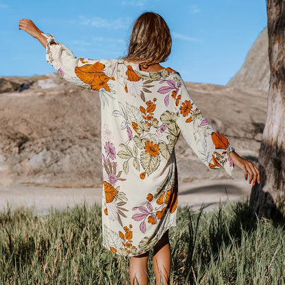 Tunique de plage en mousseline de soie à fleurs - Robe mi-longue d'été