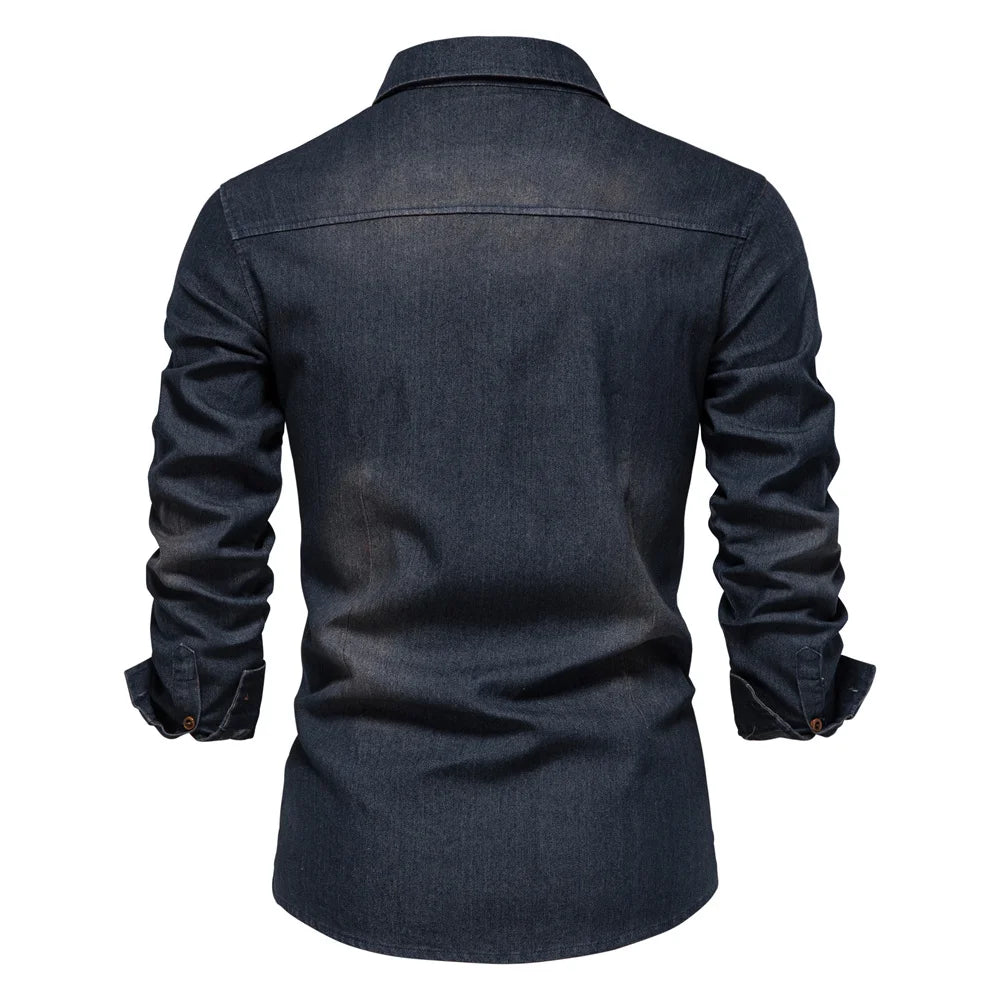 Men's Denim Shirt - Solid Color, Classic Turn-Down Collar, Long Sleeves, Everyday Casual Style, Regular Fit, Simple Cotton Design