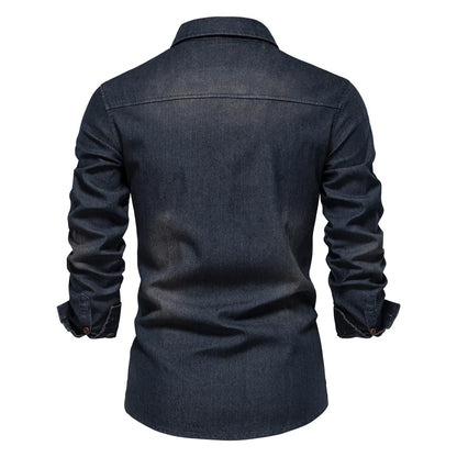 Chemise en jean pour homme - Couleur unie, col rabattu classique, manches longues, style décontracté au quotidien, coupe régulière, design simple en coton