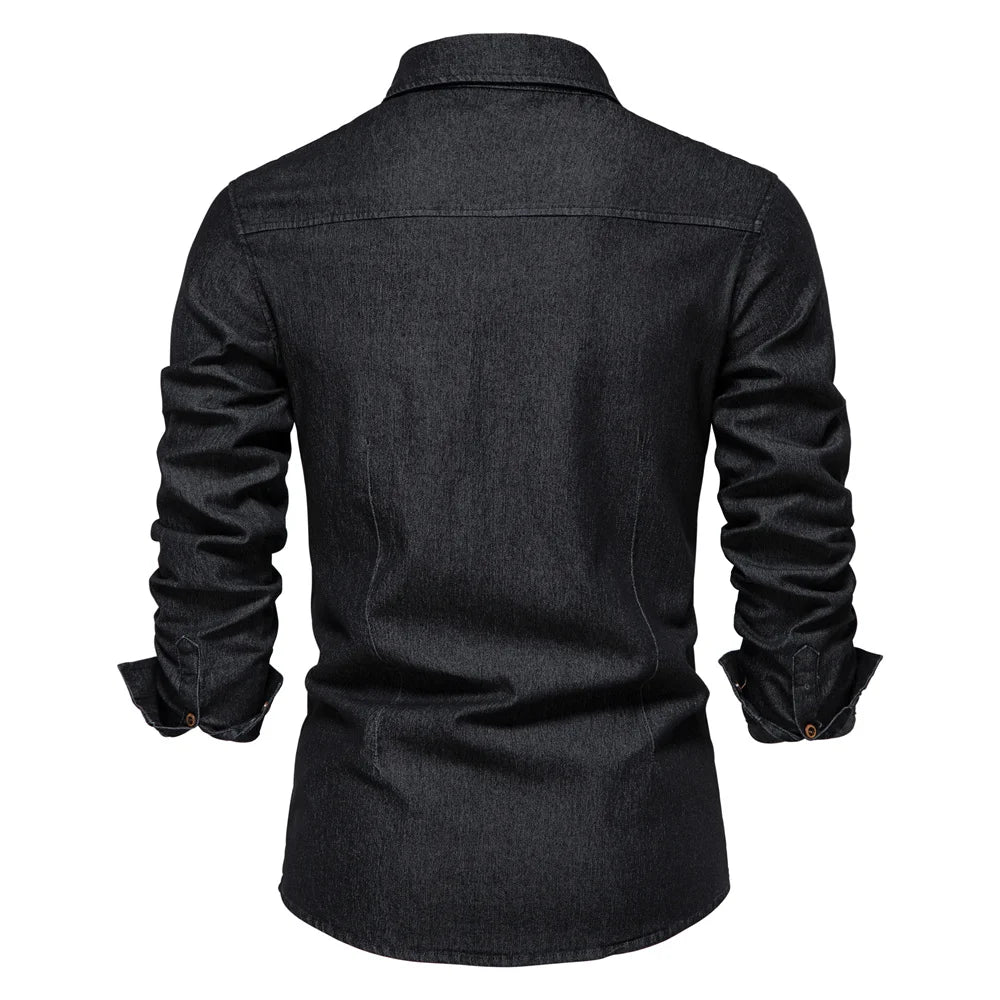 Chemise en jean pour homme - Couleur unie, col rabattu classique, manches longues, style décontracté au quotidien, coupe régulière, design simple en coton