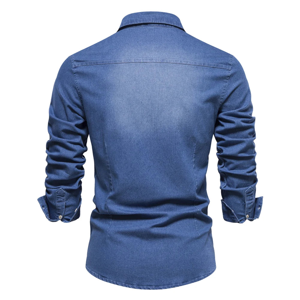 Camisa vaquera para hombre: color liso, cuello vuelto clásico, mangas largas, estilo casual para uso diario, corte regular, diseño sencillo de algodón