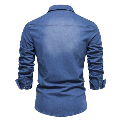 Chemise en jean pour homme - Couleur unie, col rabattu classique, manches longues, style décontracté au quotidien, coupe régulière, design simple en coton