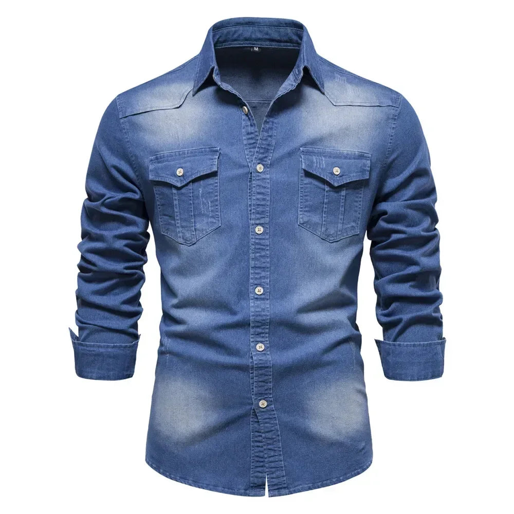 Chemise en jean pour homme - Couleur unie, col rabattu classique, manches longues, style décontracté au quotidien, coupe régulière, design simple en coton