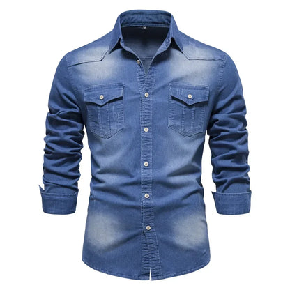 Camisa vaquera para hombre: color liso, cuello vuelto clásico, mangas largas, estilo casual para uso diario, corte regular, diseño sencillo de algodón