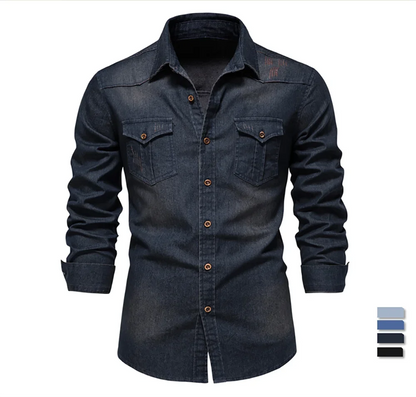 Chemise en jean pour homme - Couleur unie, col rabattu classique, manches longues, style décontracté au quotidien, coupe régulière, design simple en coton