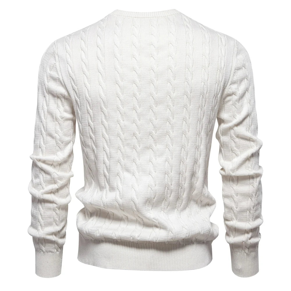 Embroidered Cotton Sweater, Crew Neck, with Classic Cable Knit Design