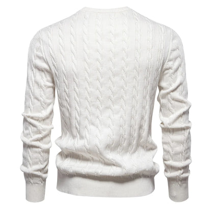 Pull en coton brodé, col ras du cou, avec motif torsadé classique