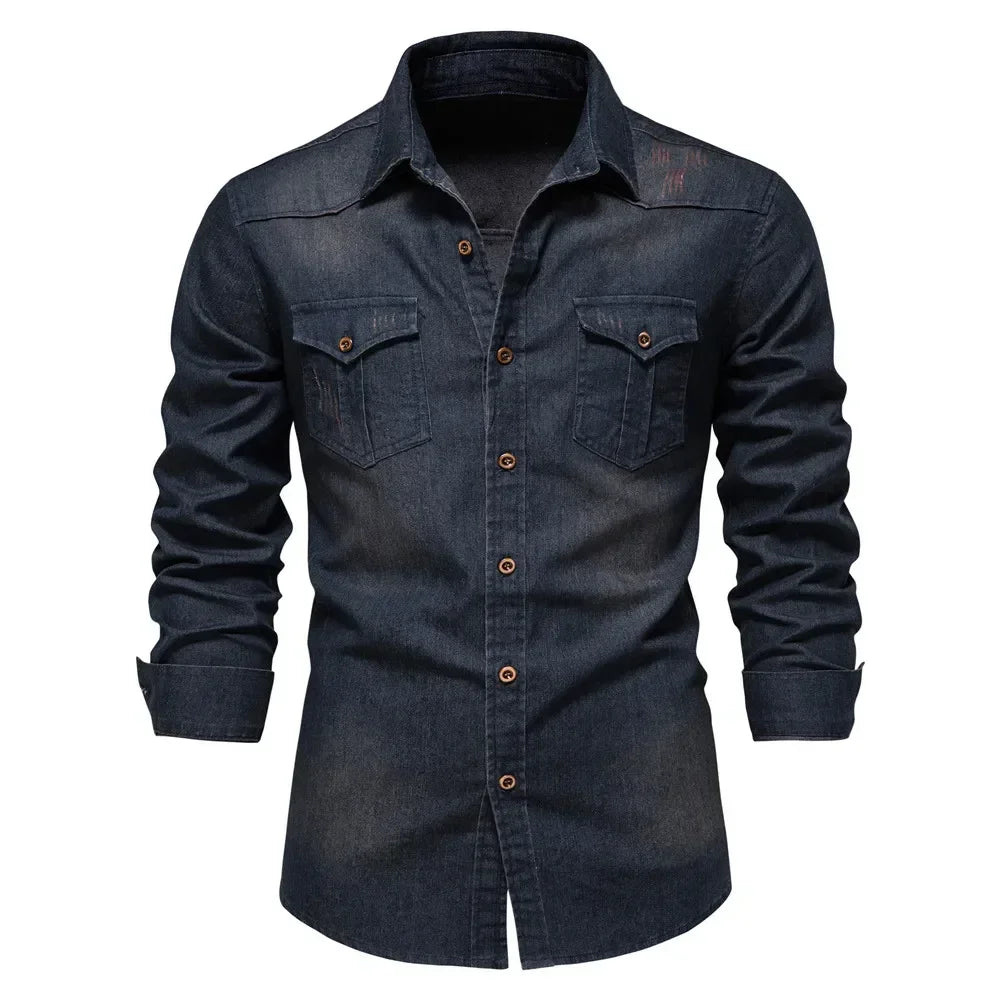 Camisa vaquera para hombre: color liso, cuello vuelto clásico, mangas largas, estilo casual para uso diario, corte regular, diseño sencillo de algodón