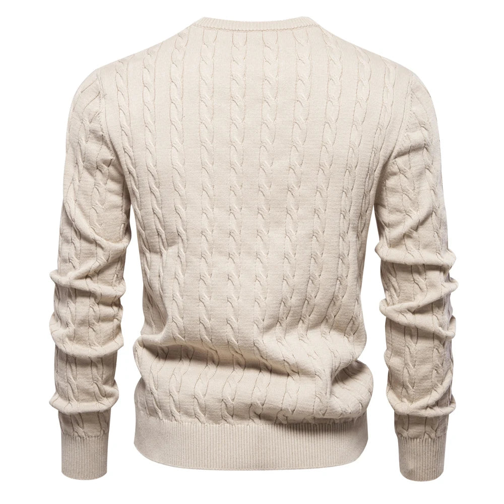 Embroidered Cotton Sweater, Crew Neck, with Classic Cable Knit Design