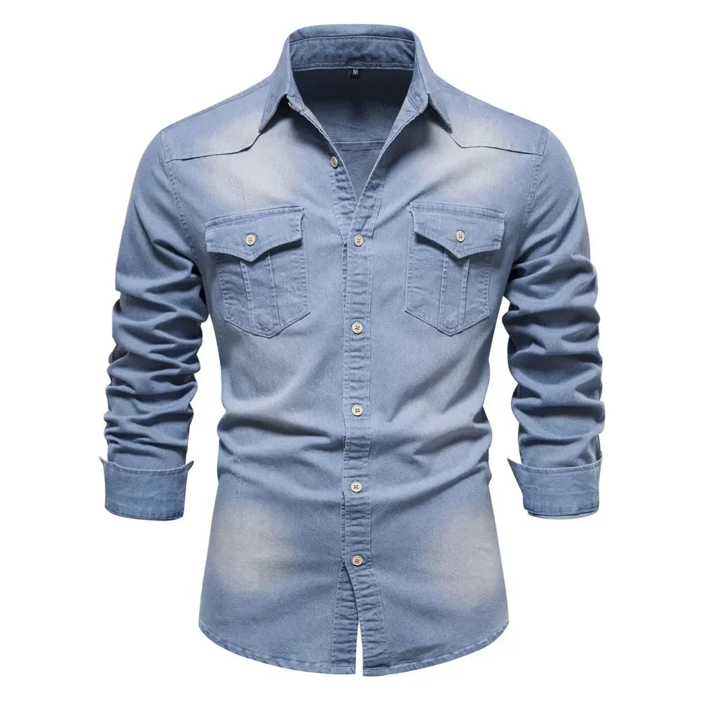 Camisa vaquera para hombre: color liso, cuello vuelto clásico, mangas largas, estilo casual para uso diario, corte regular, diseño sencillo de algodón