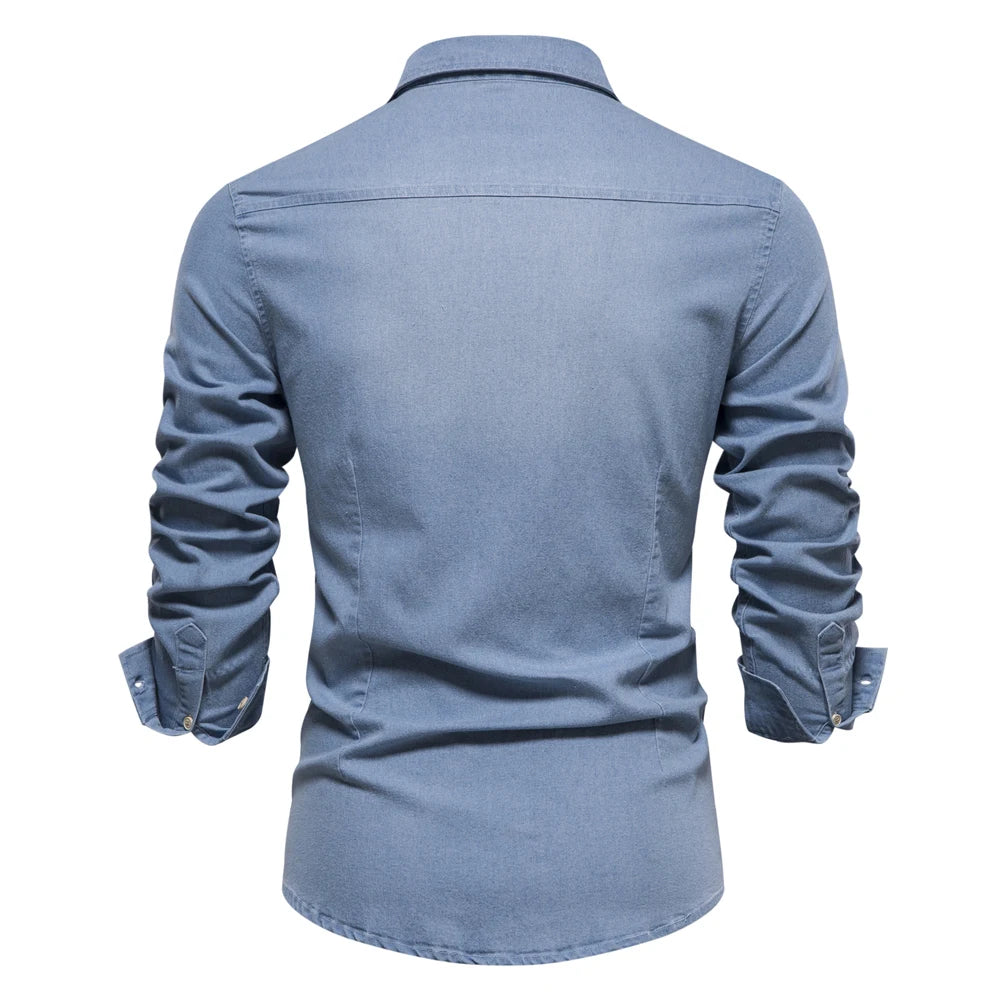 Chemise en jean pour homme - Couleur unie, col rabattu classique, manches longues, style décontracté au quotidien, coupe régulière, design simple en coton