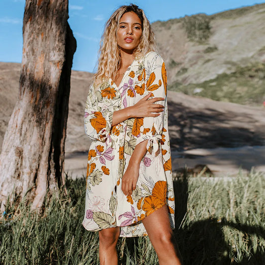 Tunique de plage en mousseline de soie à fleurs - Robe mi-longue d'été